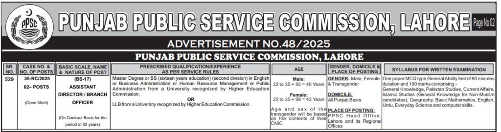PPSC Assistant DirectorBranch Officer (BS-17) Latest Jobs 2025