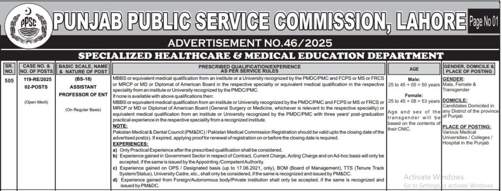 PPSC Assistant Professor ENT (BS-18) Latest Jobs – Advertisement No. 46/2025