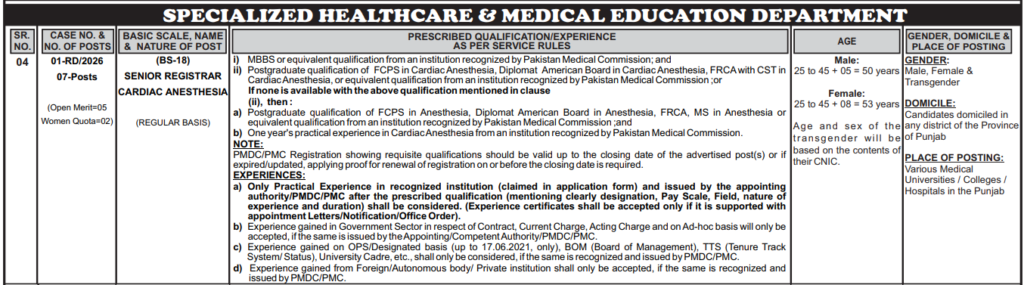 PPSC Cardiac Registrar Anesthesia (BS-18) Latest Jobs – Advertisement No. 01/2026